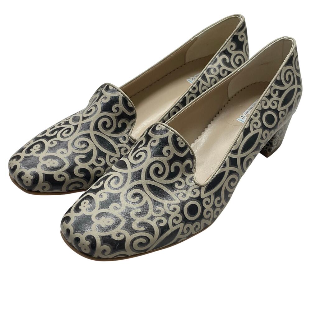 Goby Brown and Cream Swirl Pattern Heeled Loafers in Vegan Leather Size 9.5